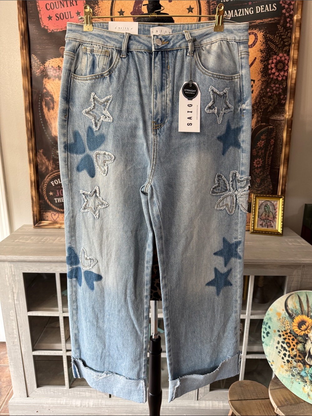 NWT SAIGE Stars & Hearts Distressed Jeans - Women's Size 1XL